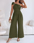 Metal Ring Decor Off Shoulder Ruched High Waist Jumpsuit Casual Cinched Waist Wide Leg Jumpsuit Army green