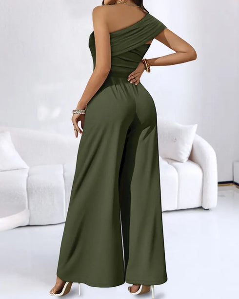 Cold Shoulder Ruched Buckle Wide Leg Jumpsuit Army green
