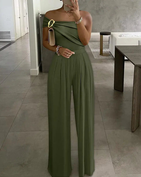 Cold Shoulder Ruched Buckle Wide Leg Jumpsuit Army green