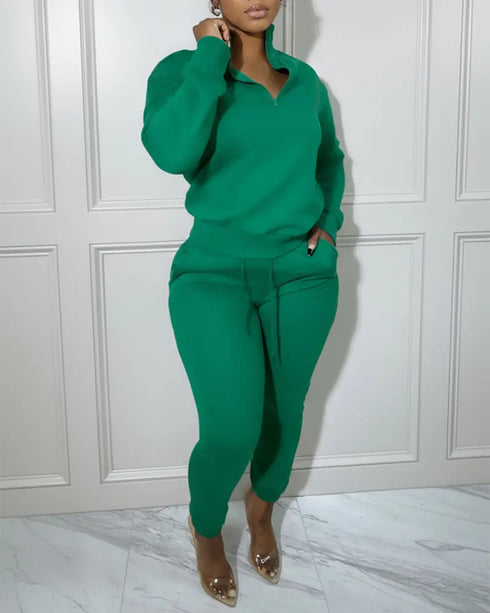 2 Pieces Outfit High Neck Half Zip Drop Shoulder Top and Drawstring Elastic Waist Slim Fit Jogger Pants Set Casual Tracksuit green
