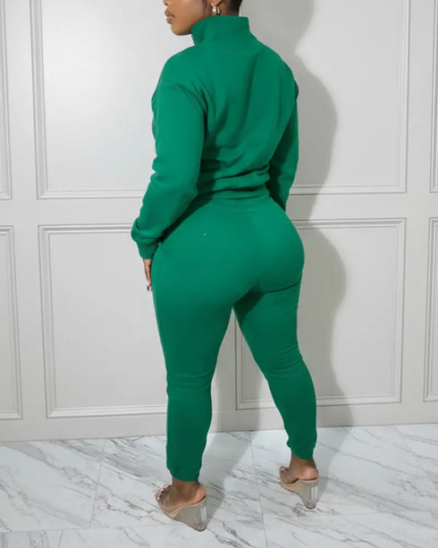 2 Pieces Outfit High Neck Half Zip Drop Shoulder Top and Drawstring Elastic Waist Slim Fit Jogger Pants Set Casual Tracksuit green