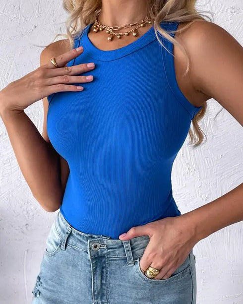 O-Neck Sleeveless Basic Slim Fit Skinny Tank Casual Top(Without Pads) blue