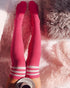 1Pair Christmas Striped Print Rhinestone Decor Long Socks pink