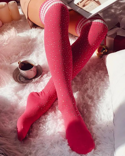 1Pair Christmas Striped Print Rhinestone Decor Long Socks pink