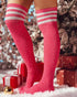 1Pair Christmas Striped Print Rhinestone Decor Long Socks pink
