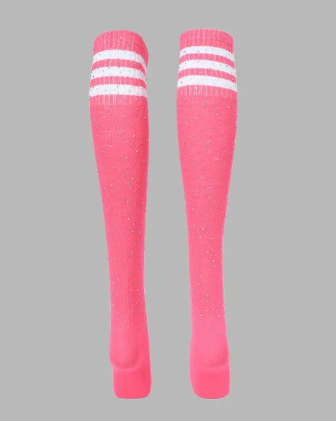 1Pair Christmas Striped Print Rhinestone Decor Long Socks pink
