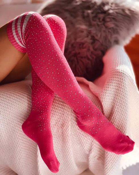 1Pair Christmas Striped Print Rhinestone Decor Long Socks pink