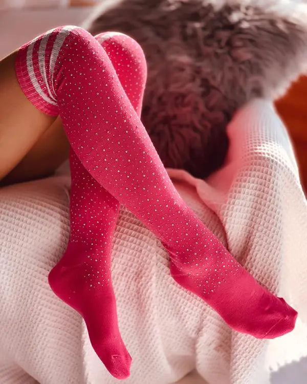 1Pair Christmas Striped Print Rhinestone Decor Long Socks pink