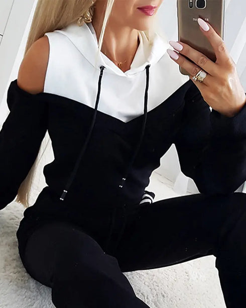 2 Pieces Outfit Sequin Decor Leopard Print Spliced Cold Shoulder Long Sleeve Drawstring Hoodie Sweatshirt and Casual Drawstring Elastic Waist Jogger Sweatpants Set black