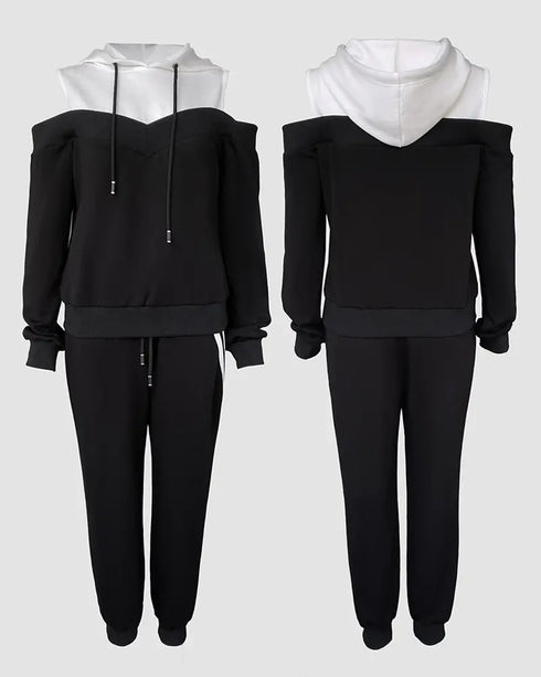 2 Pieces Outfit Colorblock Cold Shoulder Long Sleeve Drawstring Hoodie Top and Casual Contrast Striped Decor Elastic Waist Jogger Pants Set black