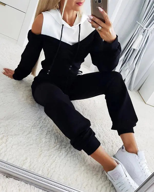 2 Pieces Outfit Guipure Lace Spliced Kangaroo Pocket Drawstring Hoodie Sweatshirt and Drawstring Elastic Waist Jogger Sweatpants Set black