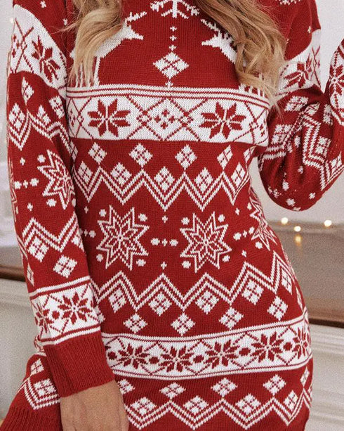 Christmas Fair Isle Pattern Knitted Sweater Dress Crewneck Long Sleeve Pullover Casual Dress red