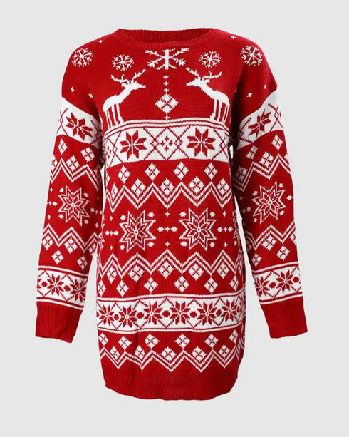 Christmas Fair Isle Pattern Knitted Sweater Dress Crewneck Long Sleeve Pullover Casual Dress red