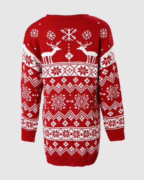 Christmas Fair Isle Pattern Knitted Sweater Dress Crewneck Long Sleeve Pullover Casual Dress red