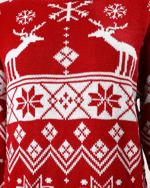 Christmas Fair Isle Pattern Knitted Sweater Dress Crewneck Long Sleeve Pullover Casual Dress red