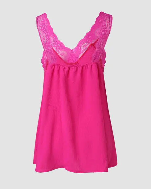 V-Neck Contrast Lace Tank Top hot pink