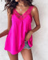 V-Neck Contrast Lace Tank Top hot pink