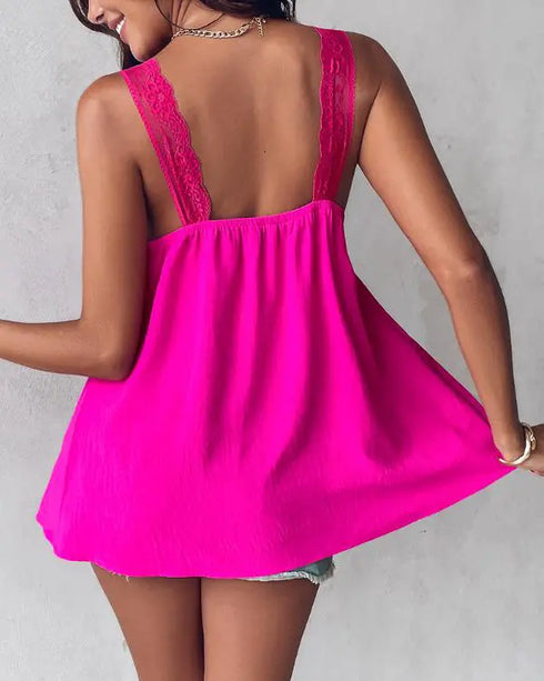 V-Neck Contrast Lace Tank Top hot pink