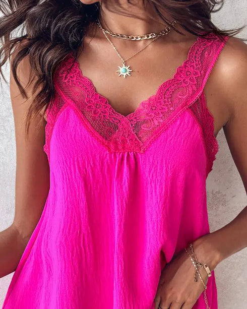 V-Neck Contrast Lace Tank Top hot pink
