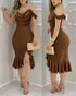Cold Shoulder Beaded Slit Bodycon Dress Ruffle Hem Zipper Back Party Dress coffee