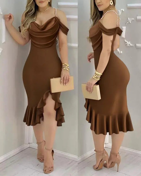 Off Shoulder Sleeveless Casual Cinch Ruffles Slit Buckle Dec Mid-Calf Dress coffee