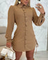 Button Down Shirt Dress Roll Tab Sleeve Side Drawstring Mini Dresses brown