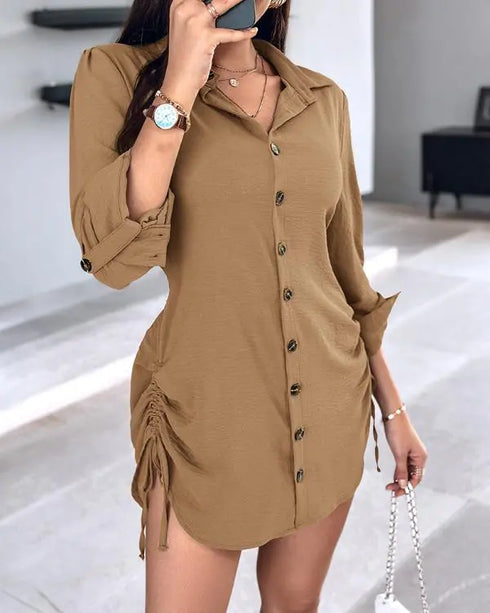 Plaid Pattern Side Drawstring Buttoned Shirt Dress brown