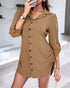 Button Down Shirt Dress Roll Tab Sleeve Side Drawstring Mini Dresses brown