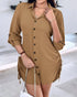 Button Down Shirt Dress Roll Tab Sleeve Side Drawstring Mini Dresses brown