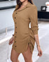 Button Down Shirt Dress Roll Tab Sleeve Side Drawstring Mini Dresses brown