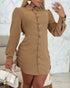 Button Down Shirt Dress Roll Tab Sleeve Side Drawstring Mini Dresses brown