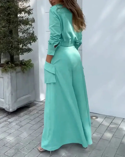 Ruched Long Sleeve Shirt & Wide Leg Asymmetrical Pants Set green