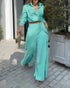 Ruched Long Sleeve Shirt & Wide Leg Asymmetrical Pants Set green