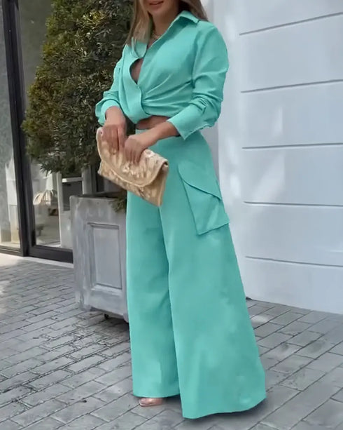 Ruched Long Sleeve Shirt & Wide Leg Asymmetrical Pants Set green
