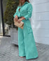Ruched Long Sleeve Shirt & Wide Leg Asymmetrical Pants Set green
