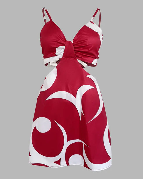 Floral Print Deep V-Neck Adjustable Spaghetti Straps Romper Casual Tied Back Cutout Slim Fit Skort Romper red