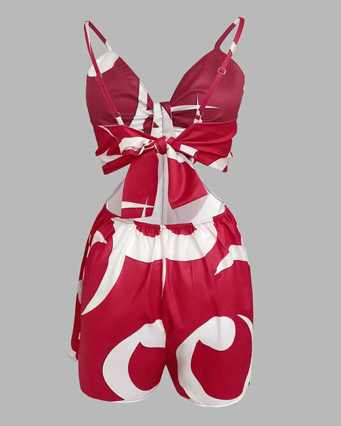 Floral Print Deep V-Neck Adjustable Spaghetti Straps Romper Casual Tied Back Cutout Slim Fit Skort Romper red