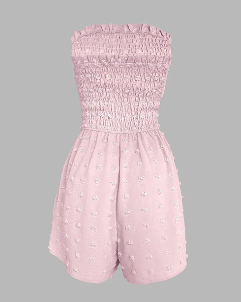 Floral Print Bandeau Shirred Romper Casual Button Decor Short Jumpsuit pink