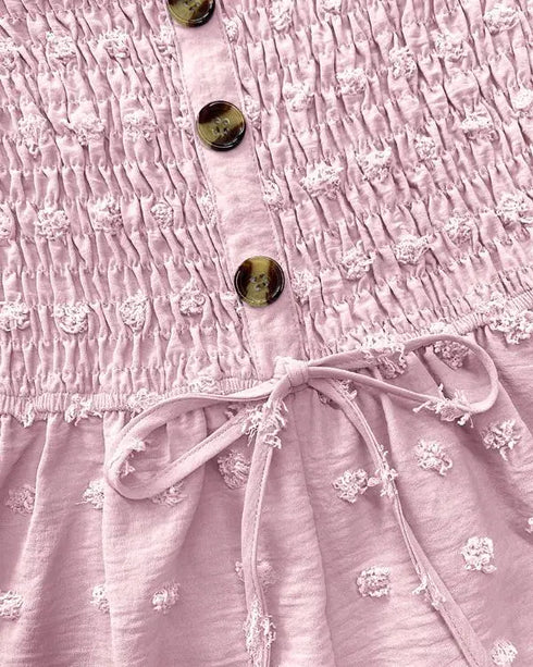 Floral Print Bandeau Shirred Romper Casual Button Decor Short Jumpsuit pink