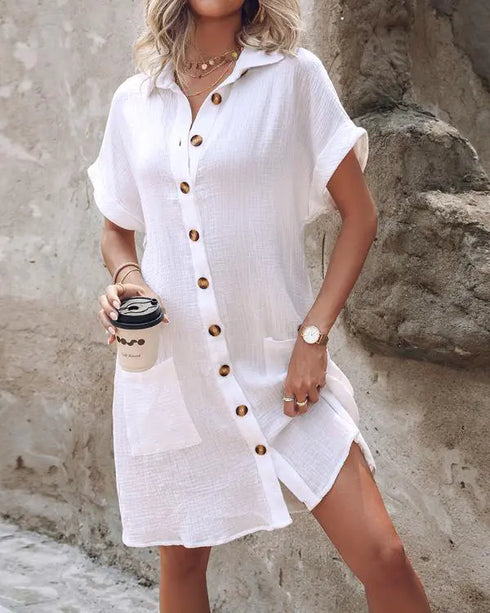 Textured V-Neck Button Front Spaghetti Strap A Line Mini Dress white