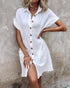 Turn-down Collar Short Sleeve Dress Casual Button Dress with Pocket white