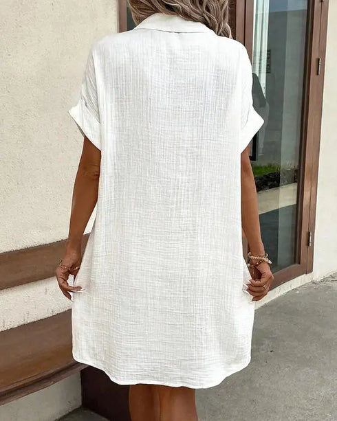 Turn-down Collar Short Sleeve Dress Casual Button Dress with Pocket white