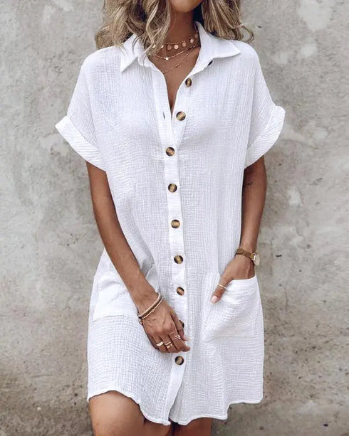 Textured V-Neck Button Front Spaghetti Strap A Line Mini Dress white