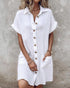 Turn-down Collar Short Sleeve Dress Casual Button Dress with Pocket white