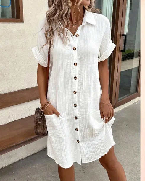 Turn-down Collar Short Sleeve Dress Casual Button Dress with Pocket white