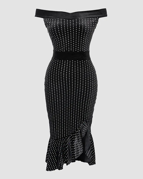 Houndstooth Print Off Shoulder Bodycon Dress Ruffle Hem Vintage Mid-length Dress black