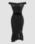 Beaded Details Off The Shoulder Ruffles Hem Slit Bodycon Party Dress black