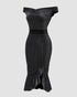 Beaded Details Off The Shoulder Ruffles Hem Slit Bodycon Party Dress black