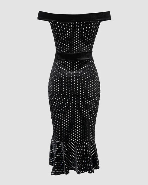 Beaded Details Off The Shoulder Ruffles Hem Slit Bodycon Party Dress black