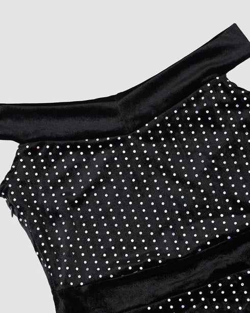 Houndstooth Print Off Shoulder Bodycon Dress Ruffle Hem Vintage Mid-length Dress black